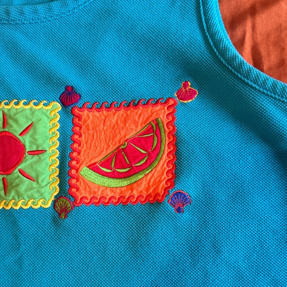 Karen Scott Bright Turquoise Tank with Colorful Fruit Embroidery - Picture 5 of 7